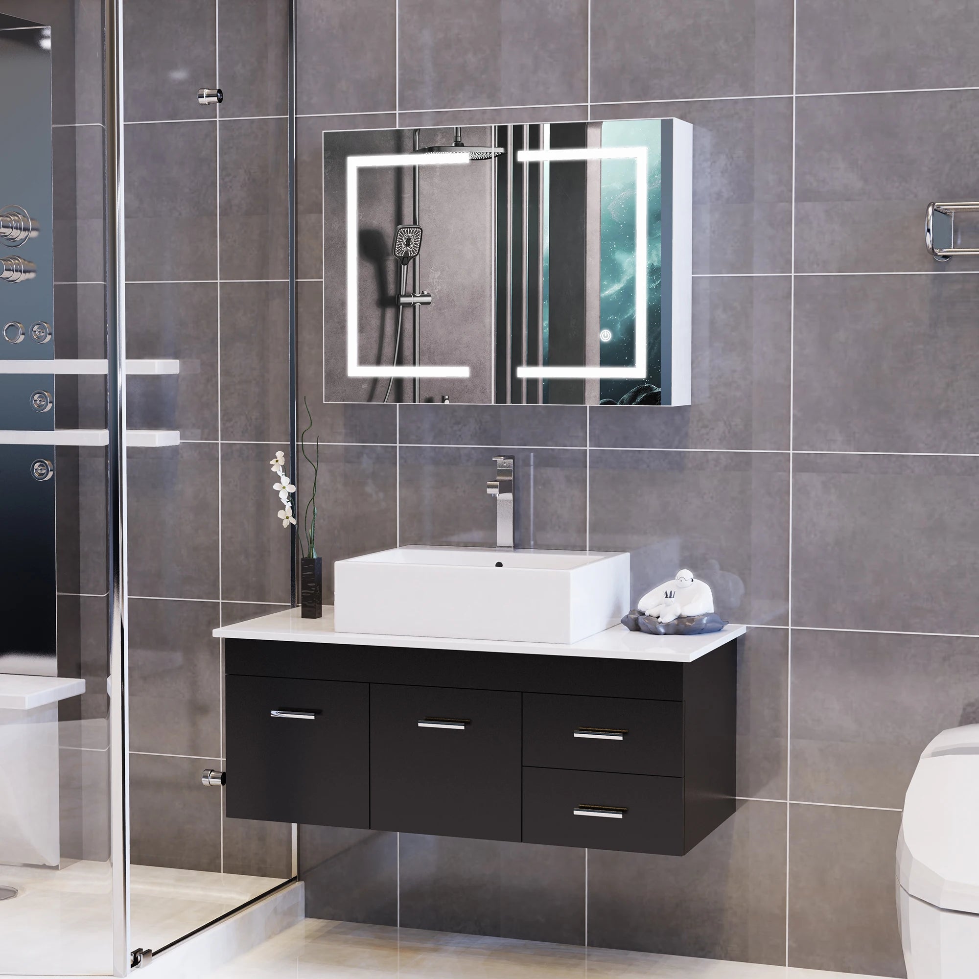 LED Bathroom Mirror Cabinet 80cm Wall Mounted with Storage Shelves
