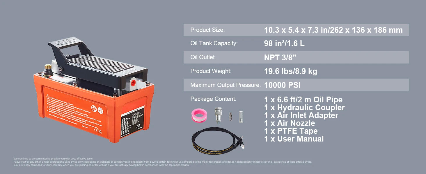 Air Hydraulic Pump 10,000 PSI Foot Pedal 1.6L Reservoir