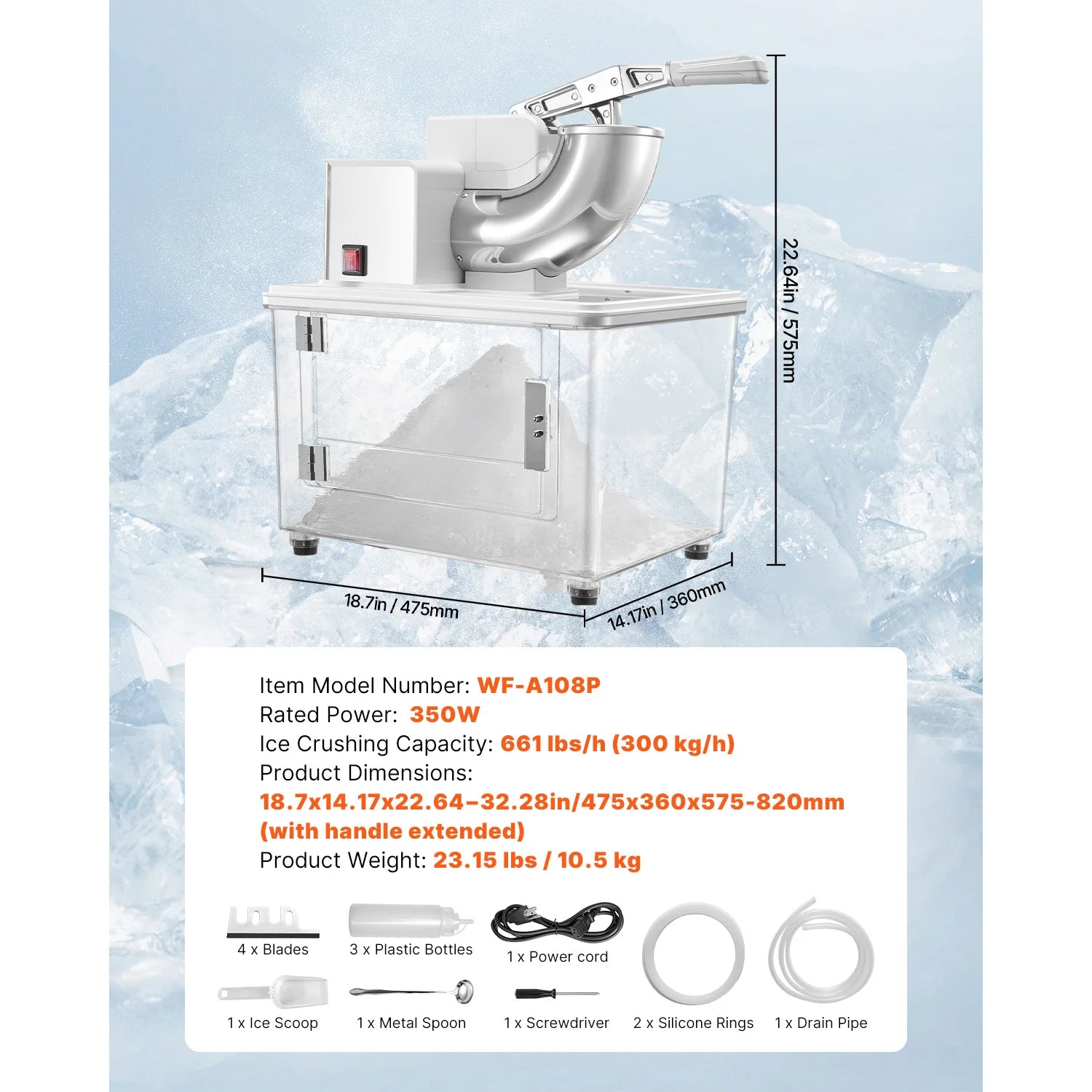 Kommmerciel isknuser 661 lbs/t Elektrisk snekonemaskine 350W