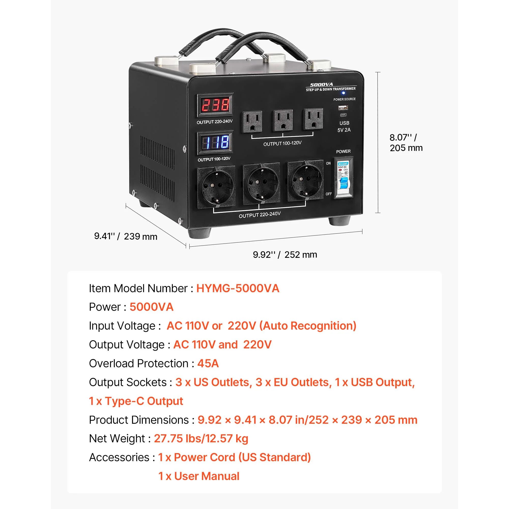 Transformador convertidor de voltaje Step Up & Down 500–6000VA US/EU