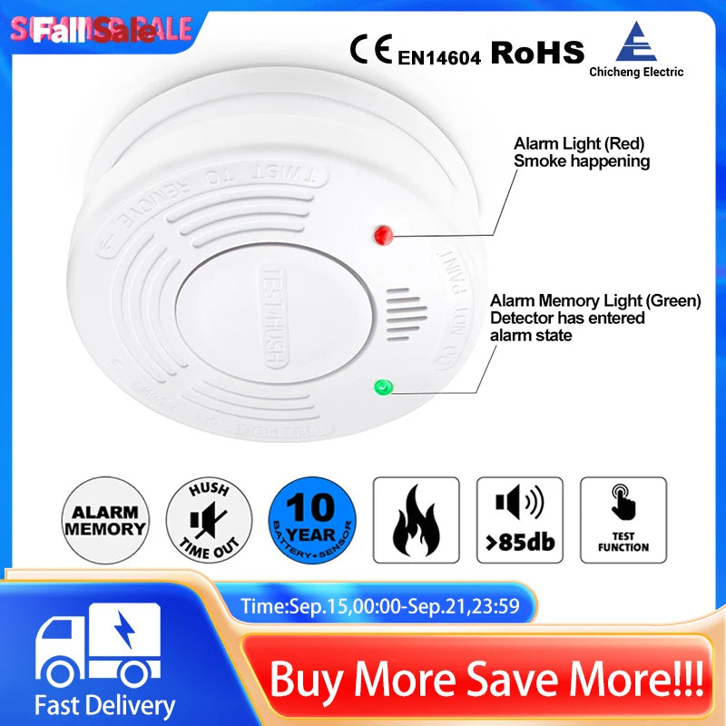 Smoke Detector 10 Year Smoke Sensor Independent Fire Alarm CE EN14604 Certified With CR123A Battery LED Indicator Home Security