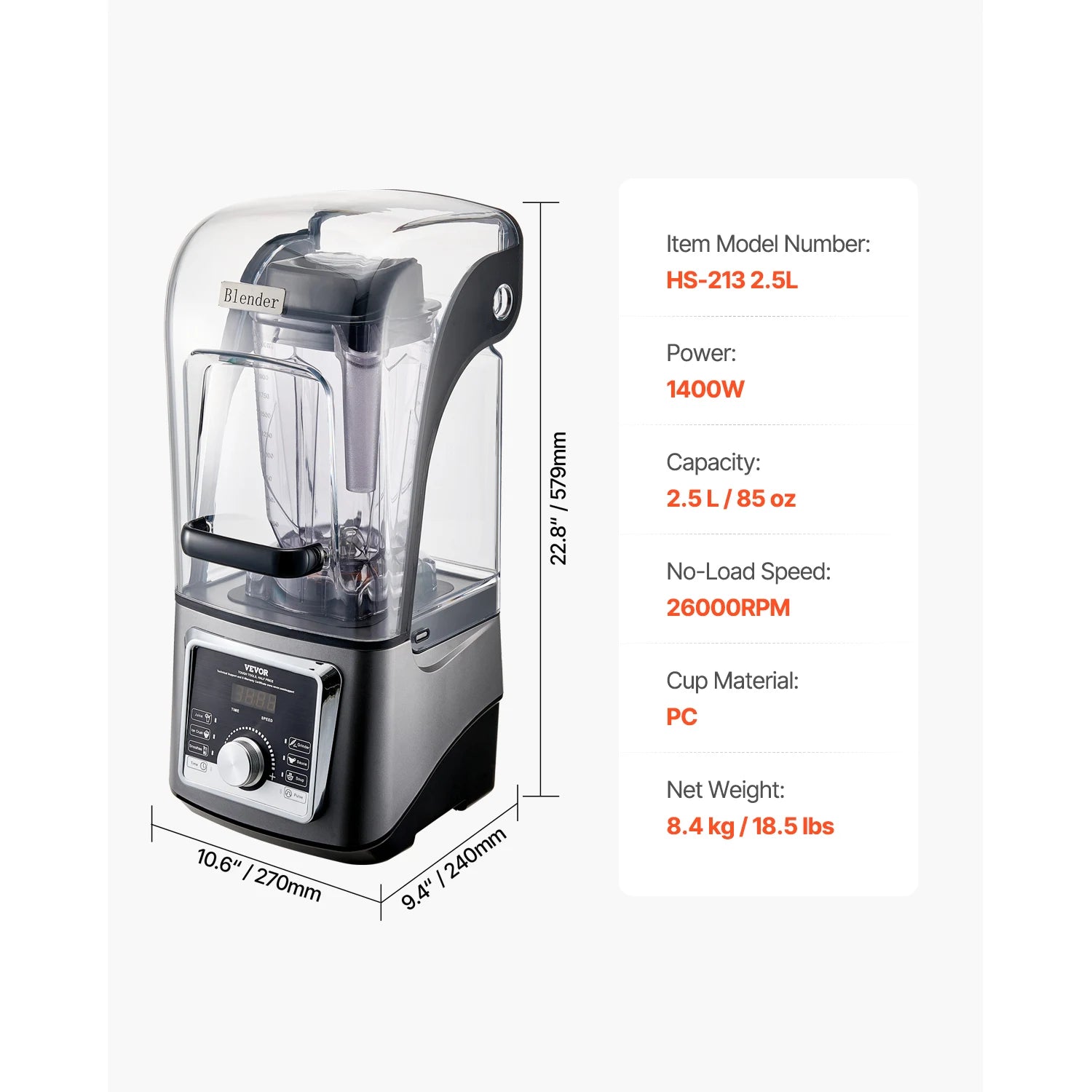 1400W High-Speed Blender with Noise Cover 2.5L/3.5L Capacity