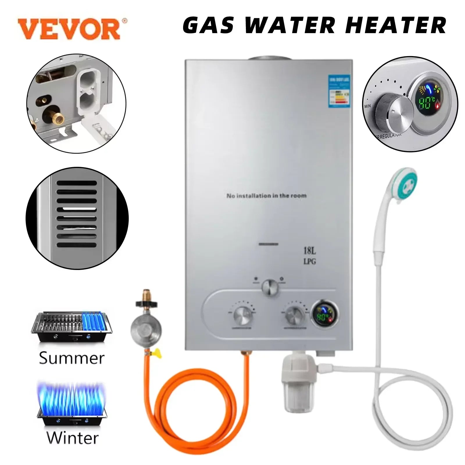 Scaldabagno a gas GPL senza serbatoio con display digitale 6L–18L