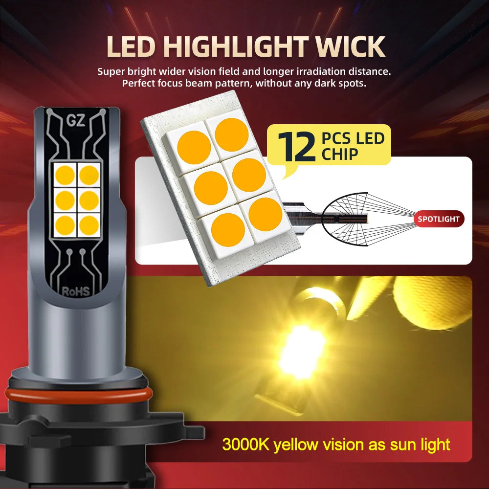 2x H8 H11 LED 9006 9005 9145 H1 H3 PSX24W 5202 880 881 ampoules antibrouillard 3000K jaune, éclairage DRL, lampe frontale 12V
