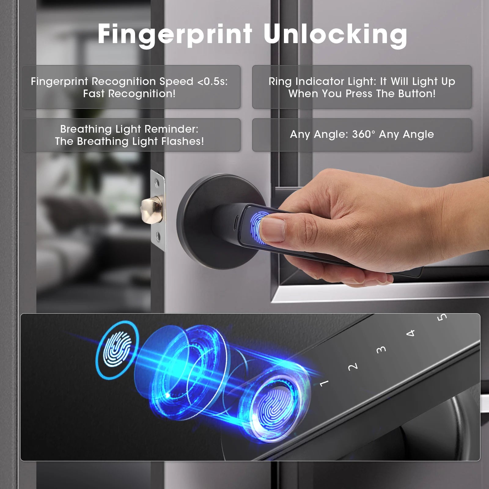 Smart Fingerprint Door Lock 6 in 1 with Touch Screen Door Handle Biometric Door Lock Keyless Entry Keypad for Home Hotel Office