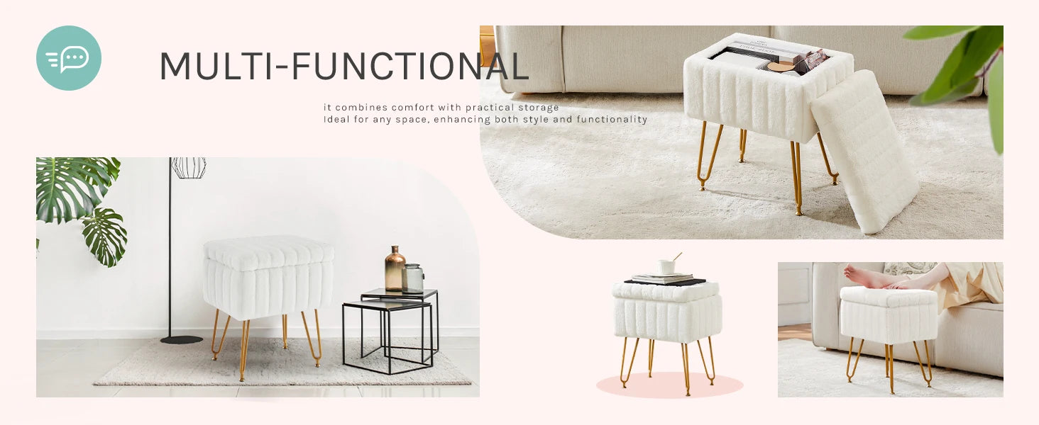 Faux Fur Storage Ottoman Stool with Hidden Compartment & Metal Legs