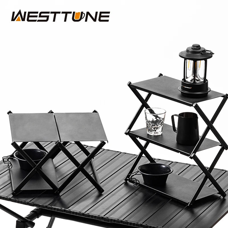 Camping Foldable Three-Tier Storage Shelf Rack for Outdoor Use