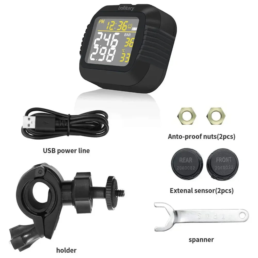 Motorcycle TPMS Tire Pressure Monitoring System Temperature Alarm With 2 External Sensors Moto Tyre Alarm Systems Real Time