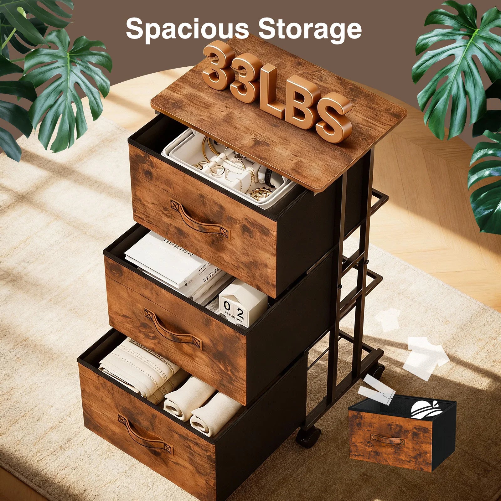 5 Drawer Fabric Storage Cabinet with Wooden Top & Rolling Design
