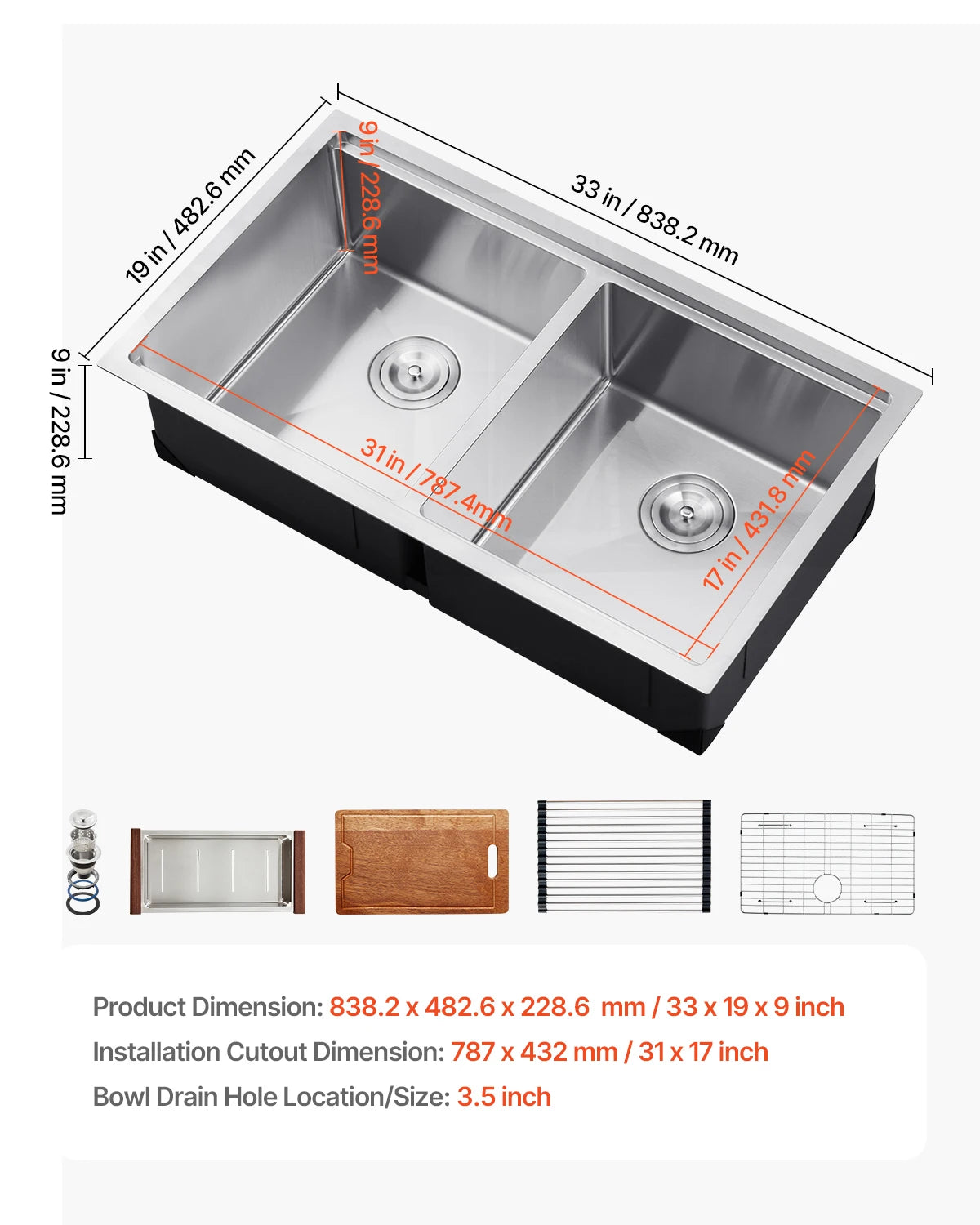Sóclean Buy 33 polegada pia de cozinha estação de trabalho 304 aço inoxidável montada por baixo de bancada cuba dupla estilo farmhouse para cozinha de trailer/van eRV