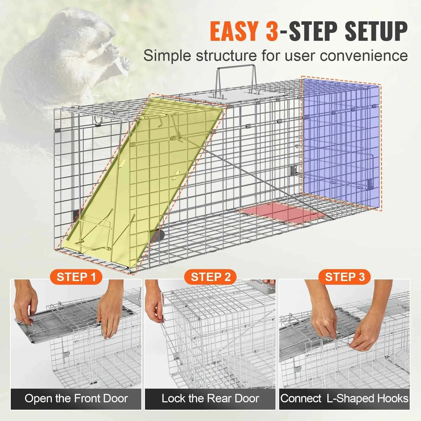 Humane Folding Live Animal Cage Trap with Handle