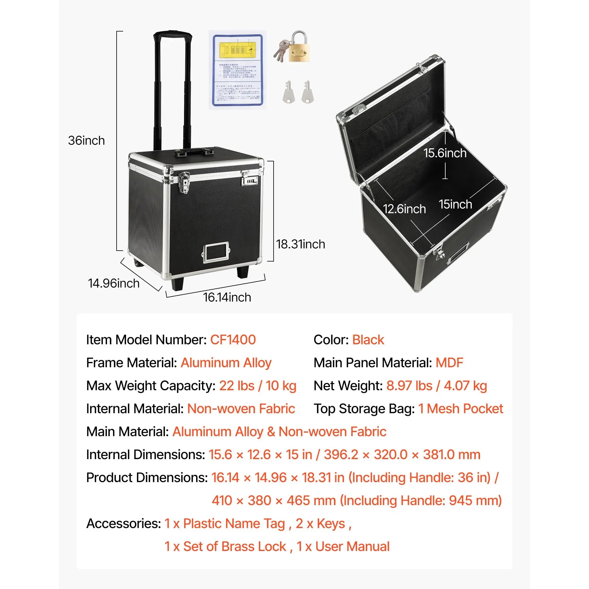 Portable Rolling File Storage Box with Lock & Telescopic Handle