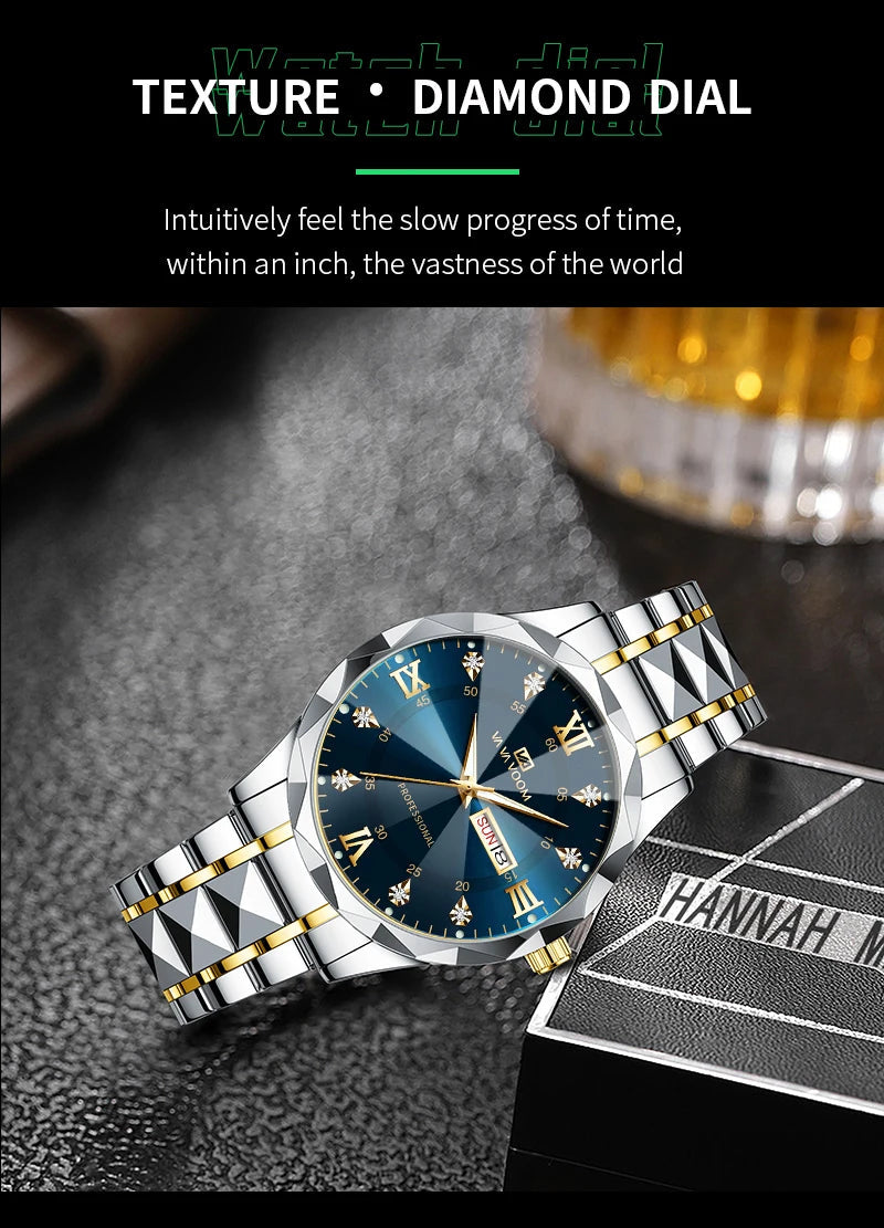 2024 New Men's Watch Fashion Rivet Stainless Steel Strap Luxury Water Diamond Diamond Luminous Blue Gold Dial Business Men Watch