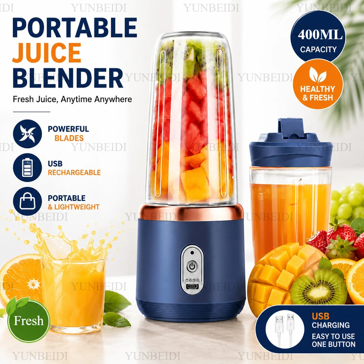 Copo liquidificador portátil USB, 5 lâminas, 401-600 ml