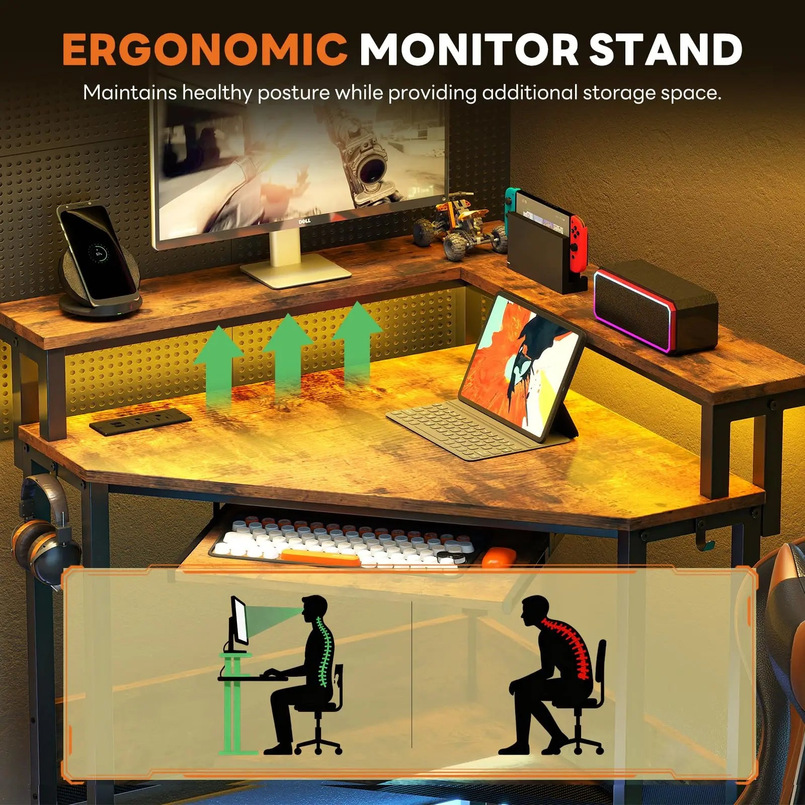 Corner Desk with LED Lights & Power Outlets for Small Spaces