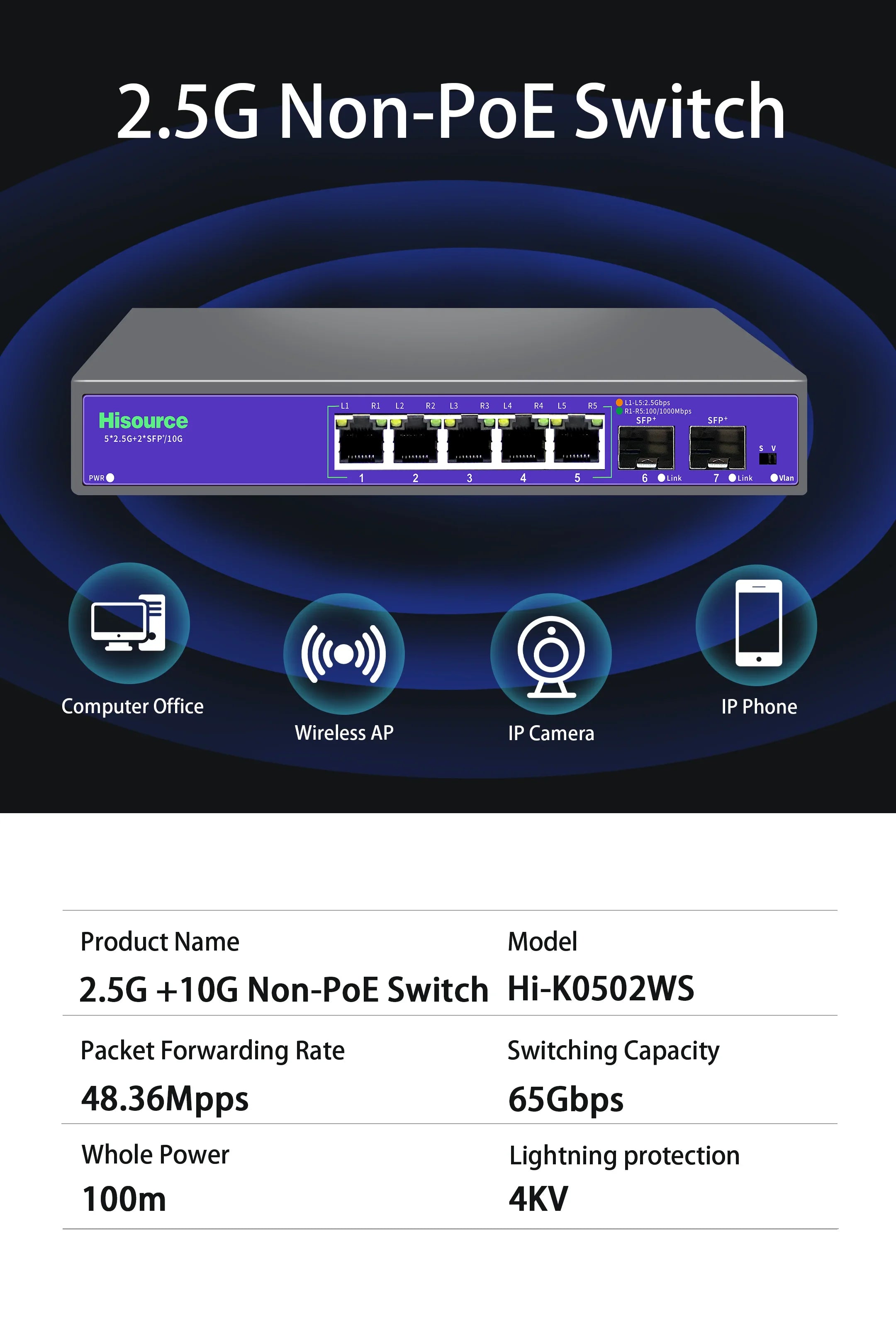 Hisource 2.5G None-POE Network Switch 5 8 Port Ethernet Switch with 2*10G SFP+ for IP Camera/NVR
