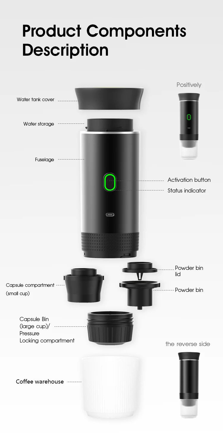 Portable Rechargeable Espresso Maker for Capsules & Ground Coffee