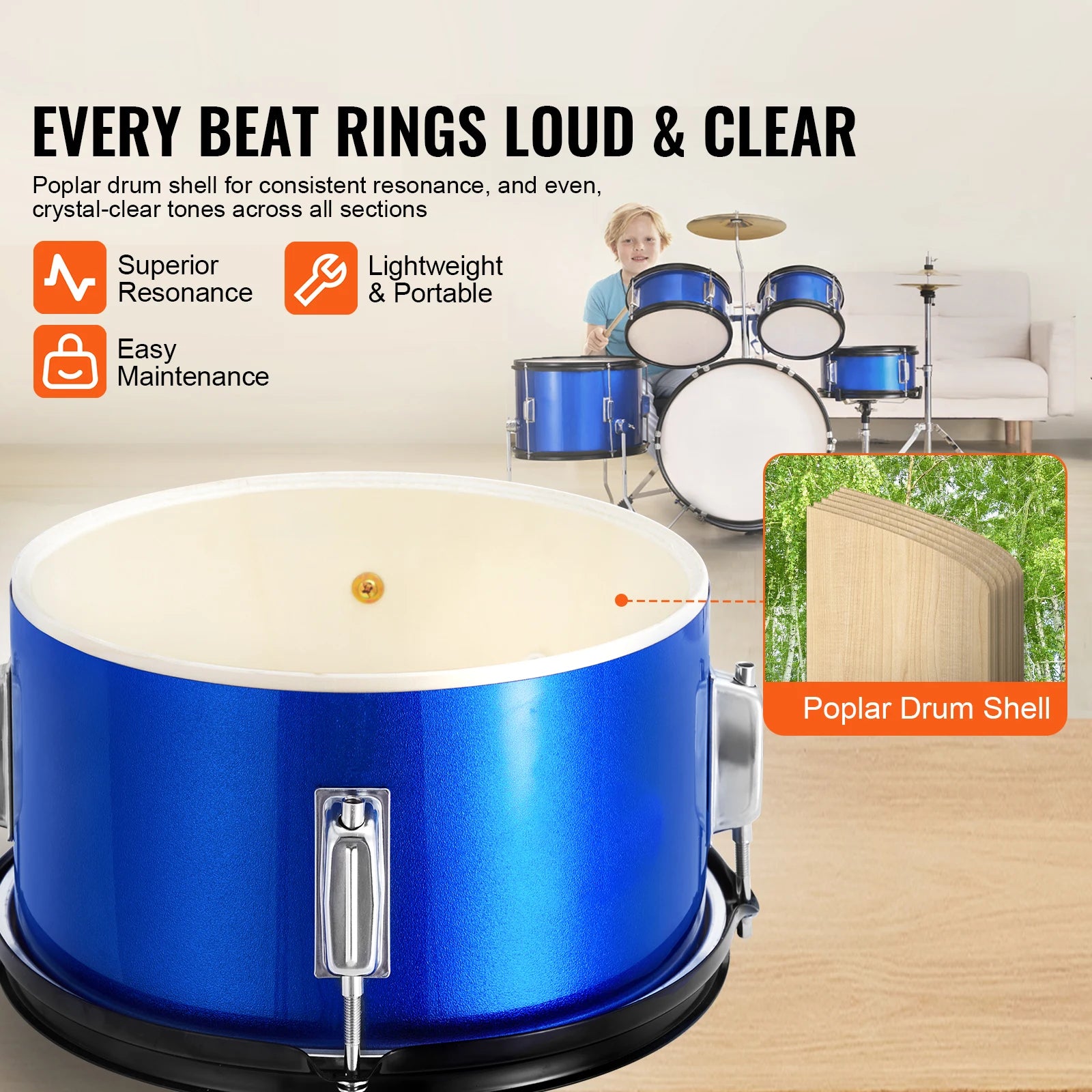 5-Piece Kids Drum Set 16'' Beginner Kit with Bass, Snare & Toms