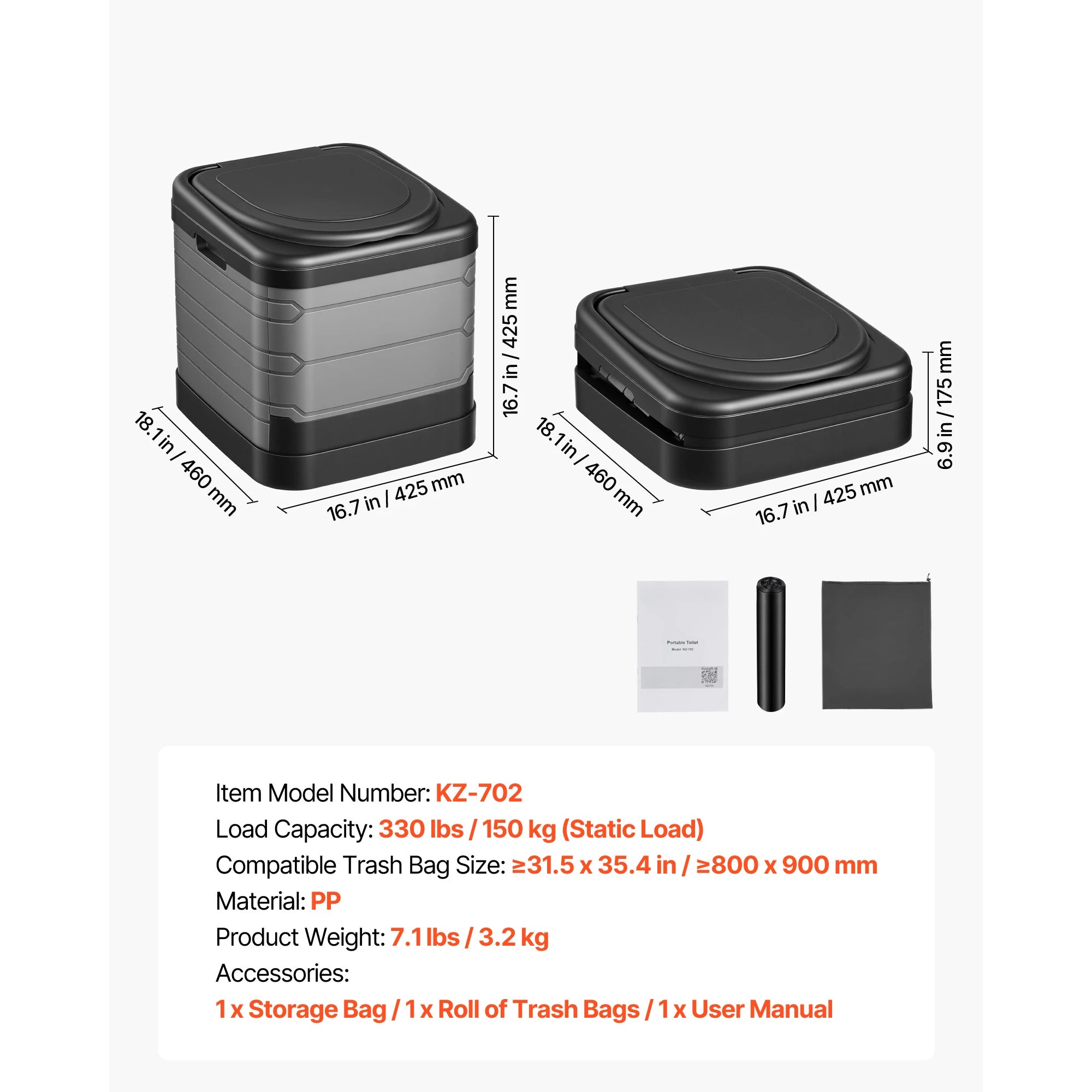 Inodoro portátil plegable para camping con bolsa de transporte y capacidad de 330 lb