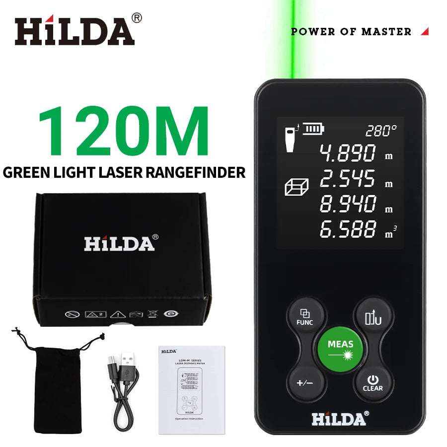 HILDA 50/100/120M Laser Rangefinder Red/Green Light Laser Distance Digital Tape Rechargeable and Measurable Angle Laser Measure