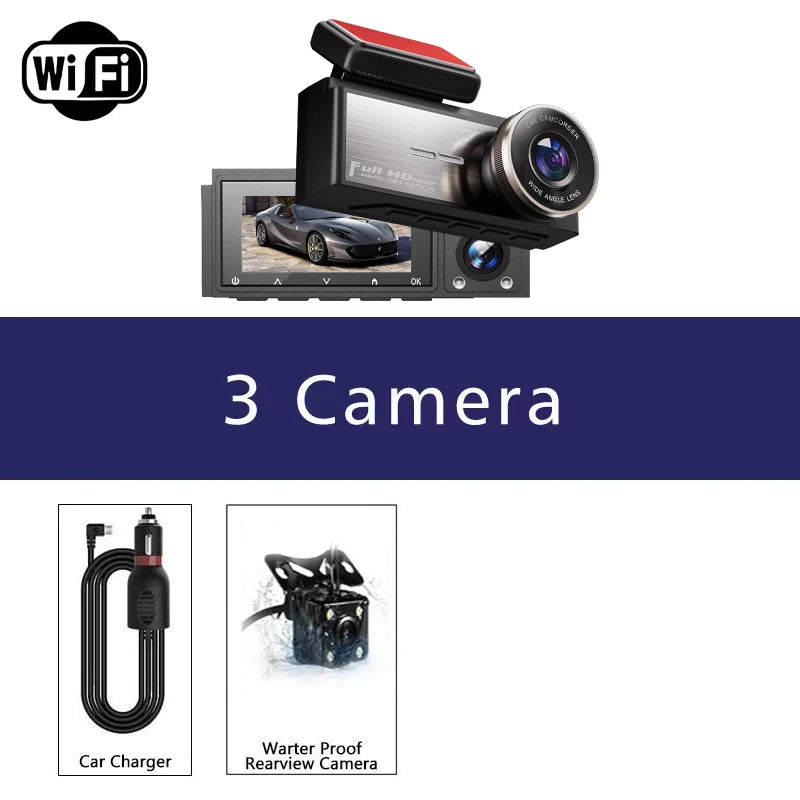 3-kanaals dashcam HD 1080P wifi, DVR voor in de auto, camera met drie lenzen, DVR-videorecorder, dashcam-camcorder
