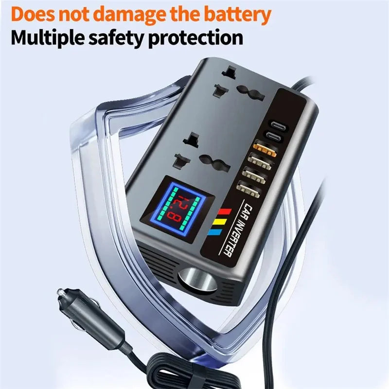 DC 12V/24V to AC 220V 200W Car Inverter PD+QC3.0 Dual Type C+4 USB Ports Phone Charger Cigarette Lighter Power Adapter 9 In 1
