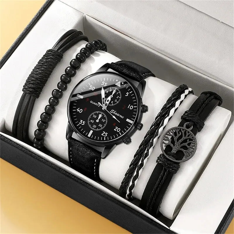 Men Watch Bracelet Set with Brown Leather Strap