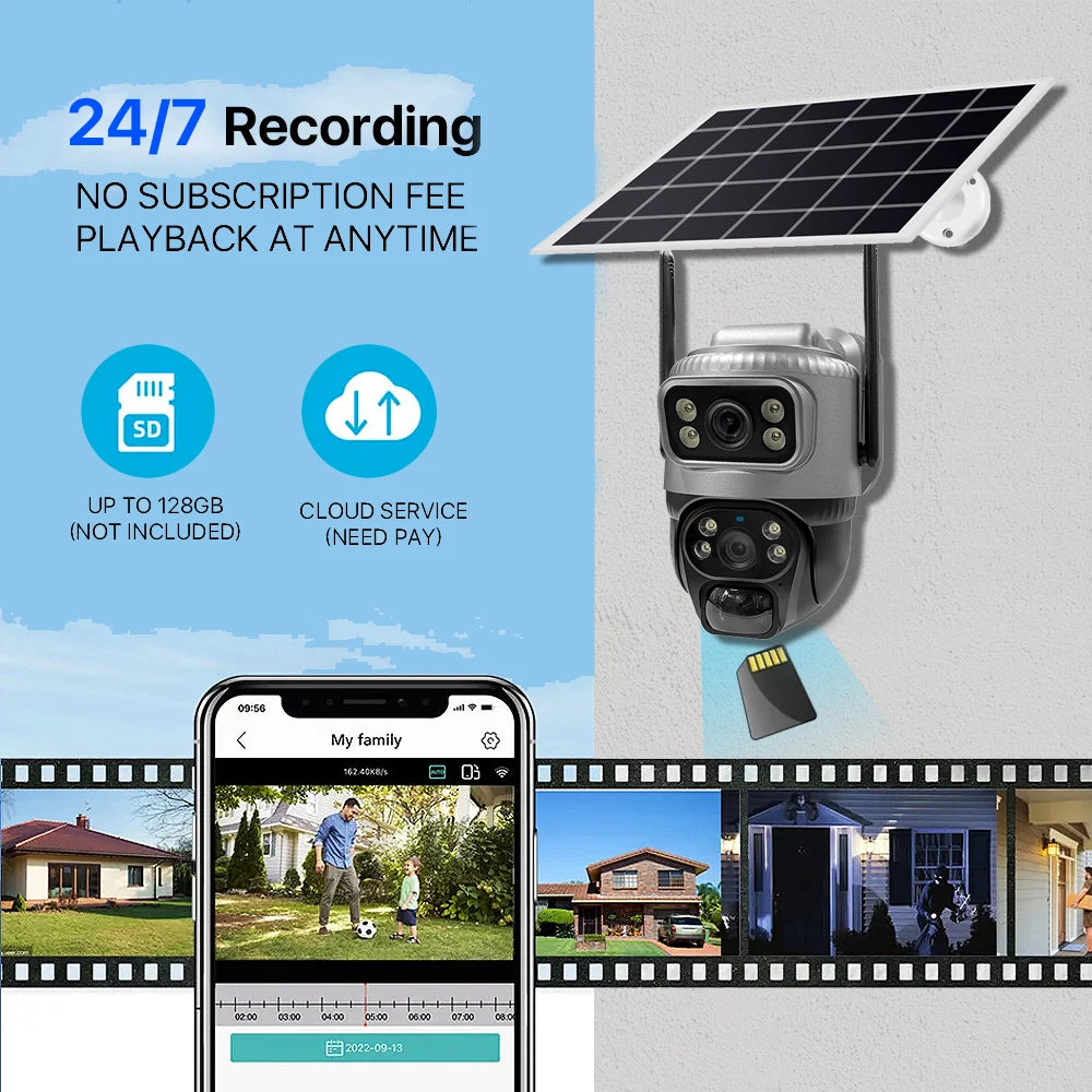 8MP 4K Solar Camera 4G Wifi Outdoor Dual Lens PIR Human Detection Night Vision Waterproof Security Solar Battery CCTV Monitor