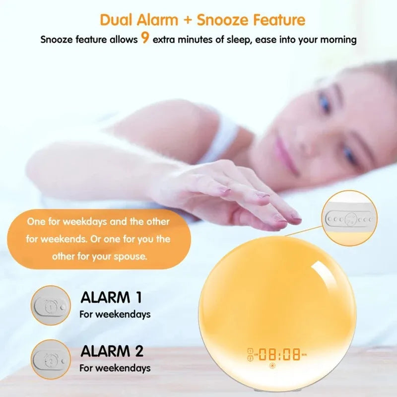 Sunrise Sunset Simulation Awakening Alarm Clock with Colorful Atmosphere Light and FM Radio Function.Relaxed Natural Sound Tunes