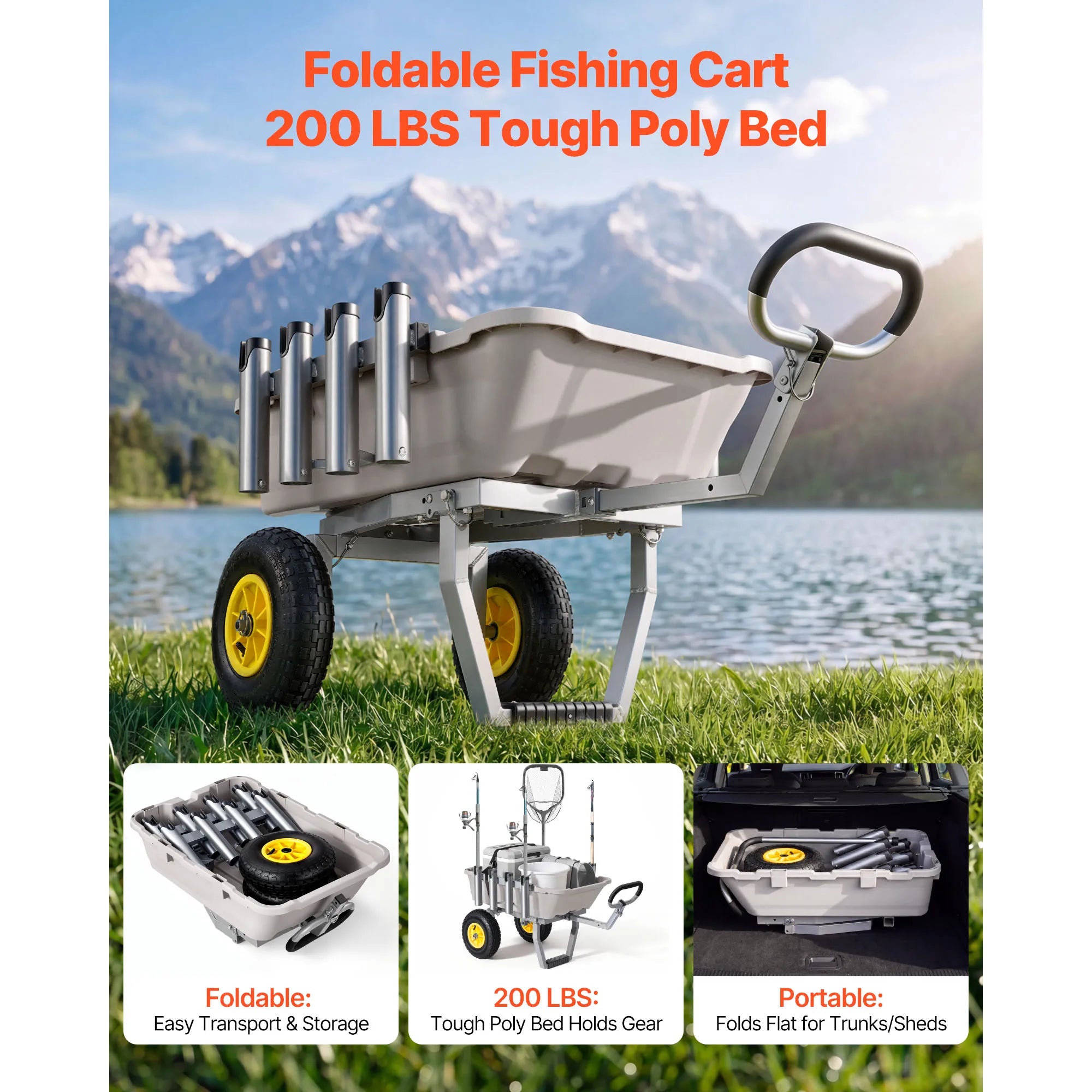 SucceBuy 200 lbs Foldable Beach Fishing Cart with Aluminum Alloy Frame 13in Tires & 8 Rod Holders for Outdoor Camping Picnic