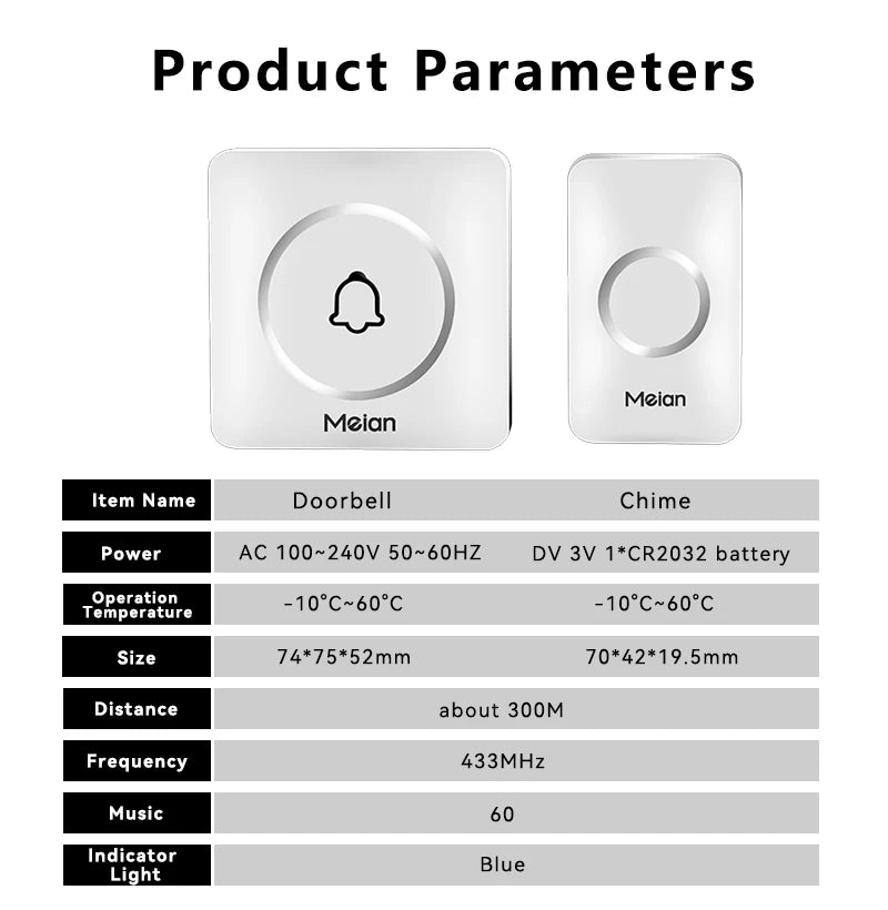 Wireless Doorbell with LED Flash and Adjustable Volume