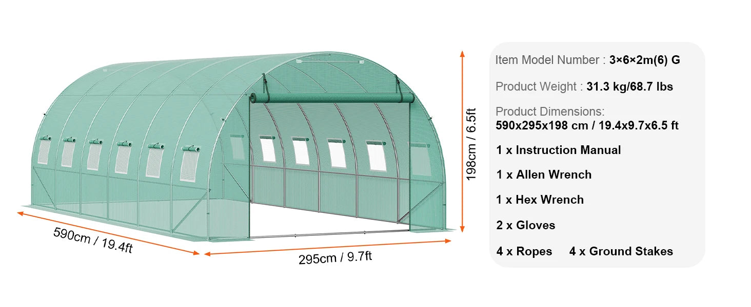 SucceBuy Durchgangs-Tunnel Gewächshaus Bogenhaus Gewächshaus Tunnel Pflanzen-Gewächshaus mit Stahlschale und PE-Abdeckung Roll-Top-Reißverschluss-Tür