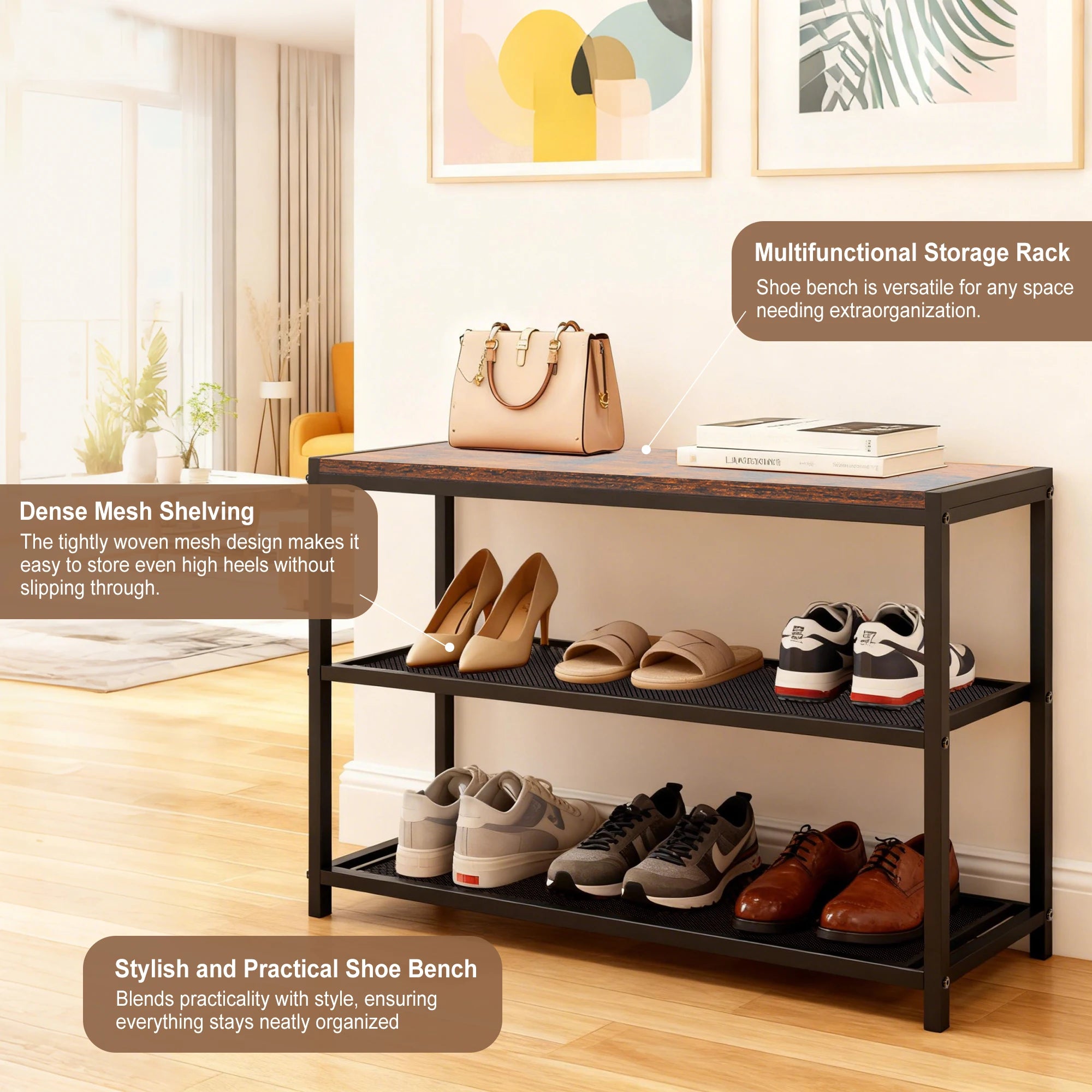 3-Tier Shoe Bench with Storage Shelves for Entryway Organization