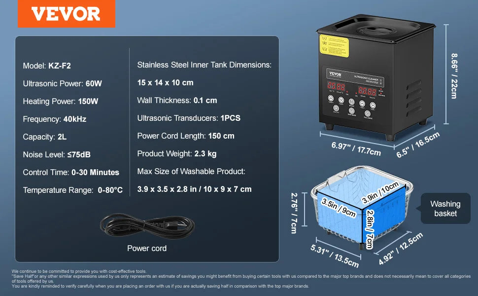 Ultralydsrens 2L–15L 40kHz Dybderens med Timer og Varme