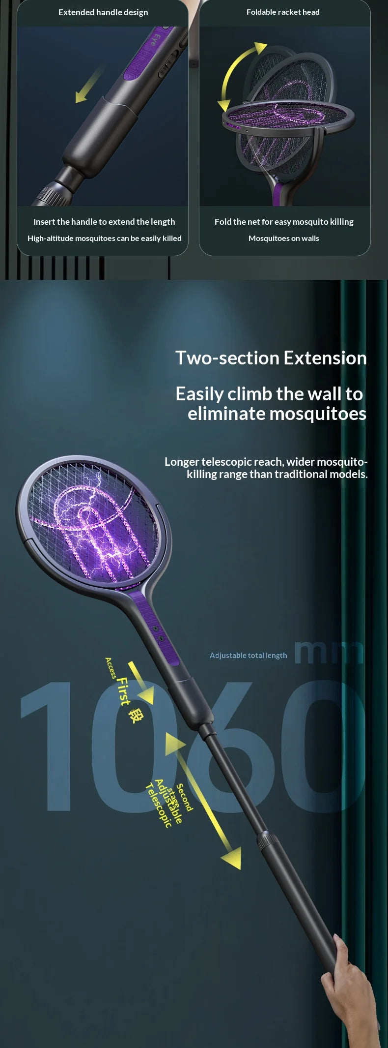 Rotating Head Rechargeable Electric Bug Zapper Racket