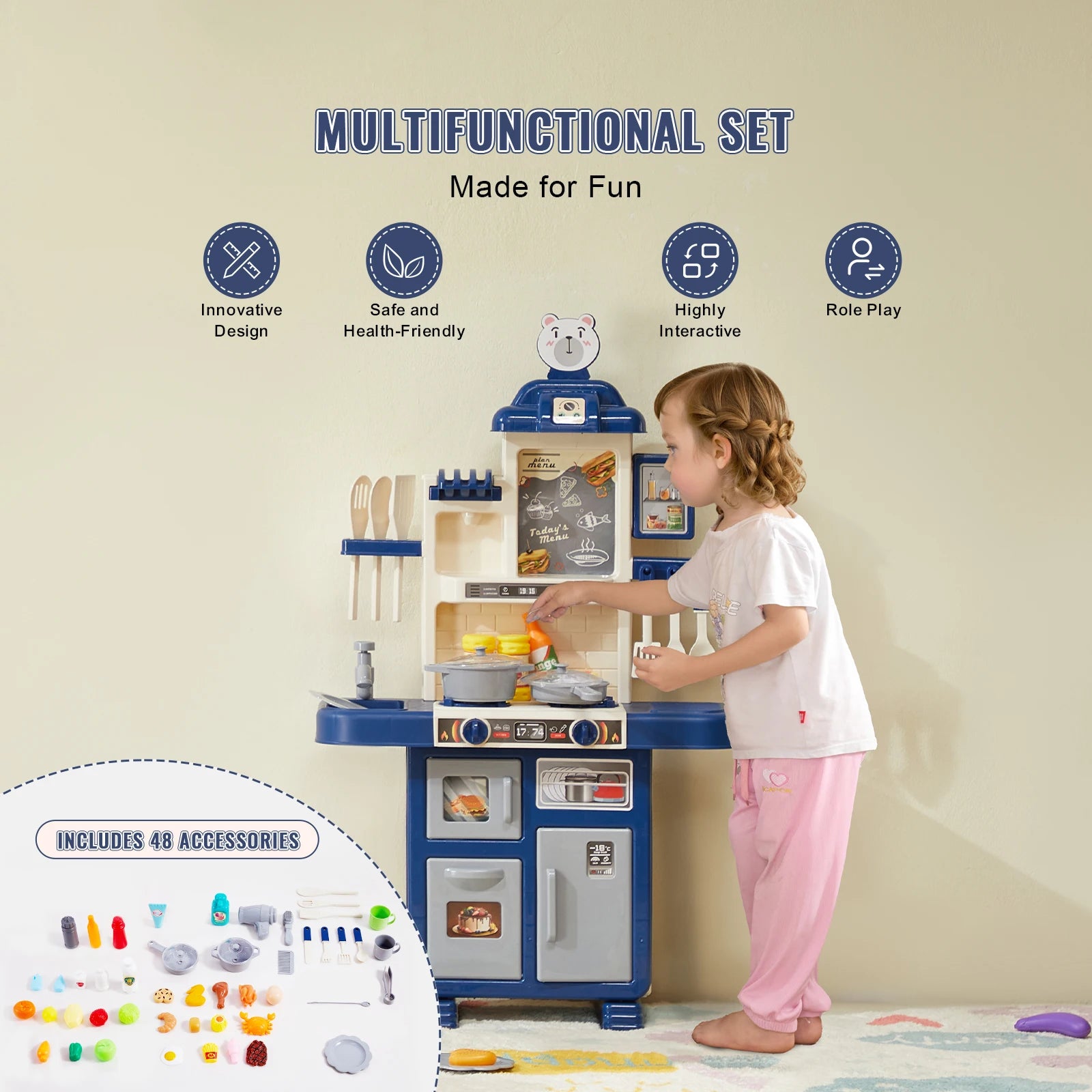 Kids Kitchen Playset 48PCS Pretend Cooking Toy with Lights & Water Sink