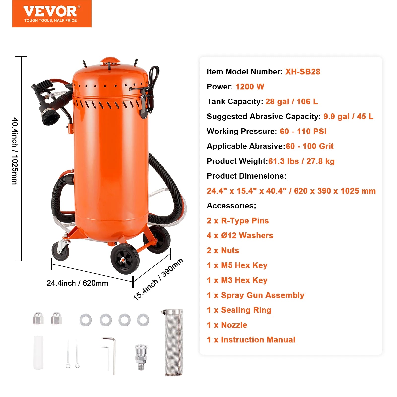 28 Gallon Dustless Vacuum Sand Blaster with 1200W System