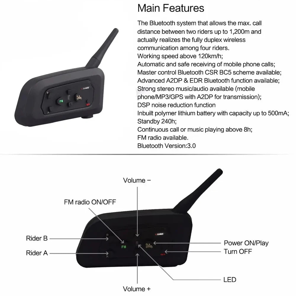 4-Person Referee Intercom Headset V4C 1200m Full Duplex Bluetooth