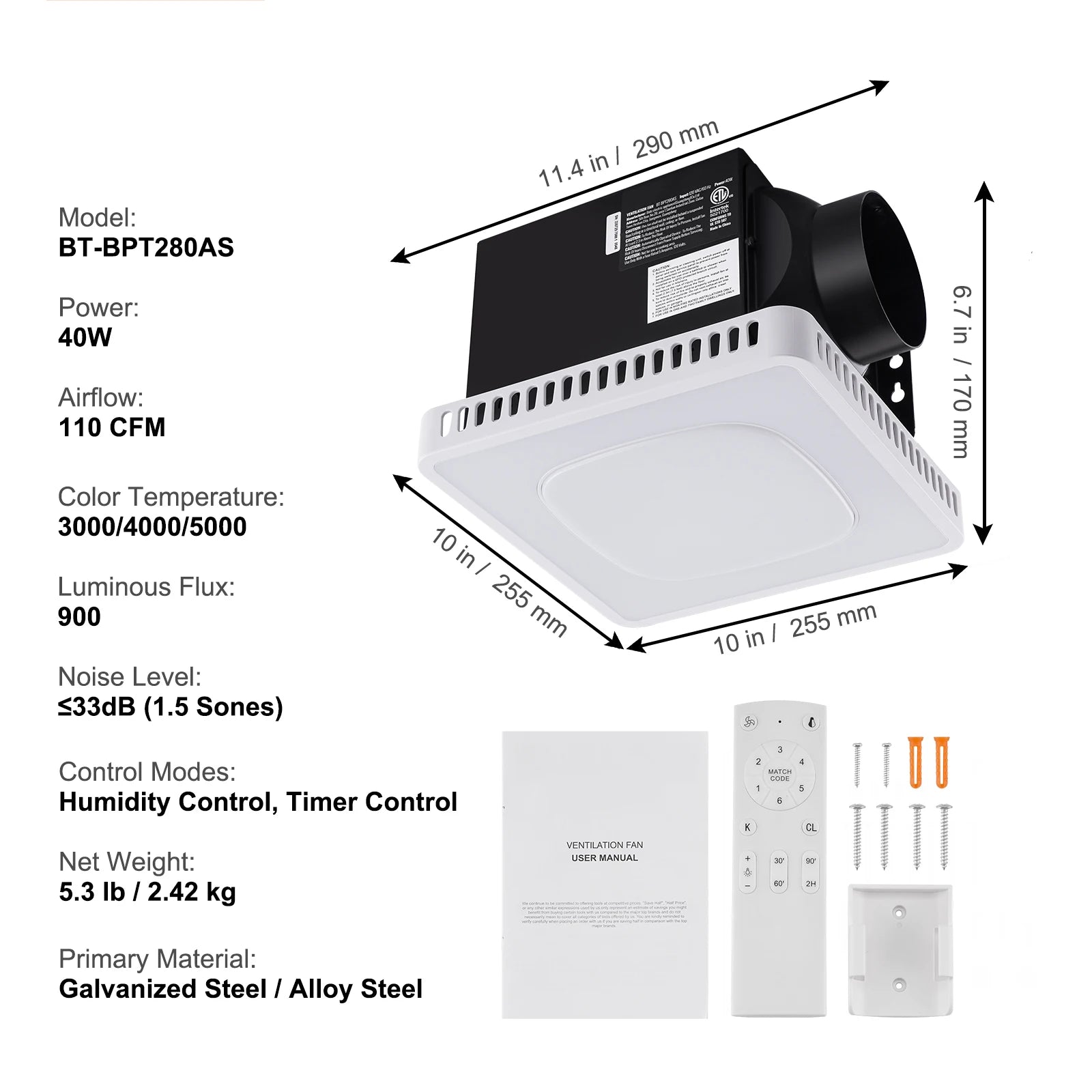 Bathroom Exhaust Fan with LED Light 80/110 CFM Quiet Heating