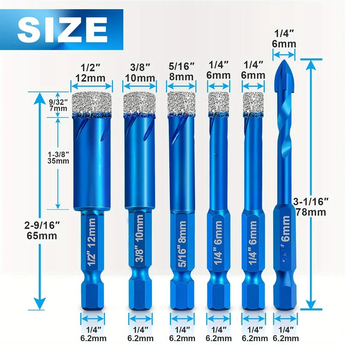 6pcs Drill Bit Set for Hard Tiles Ceramic Porcelain Stoneware Marble Granite