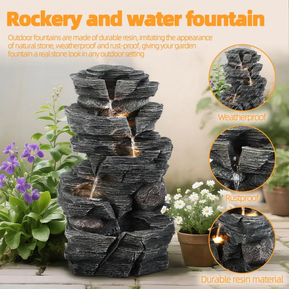 Cascading Rock Water Fountain with Warm LED Light