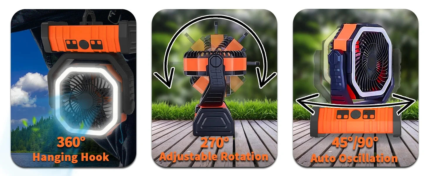 20000mAh High-Capacity Battery LED Light Camping Fan Movable Wireless Air Circulators Outdoor Ventilador with Hook