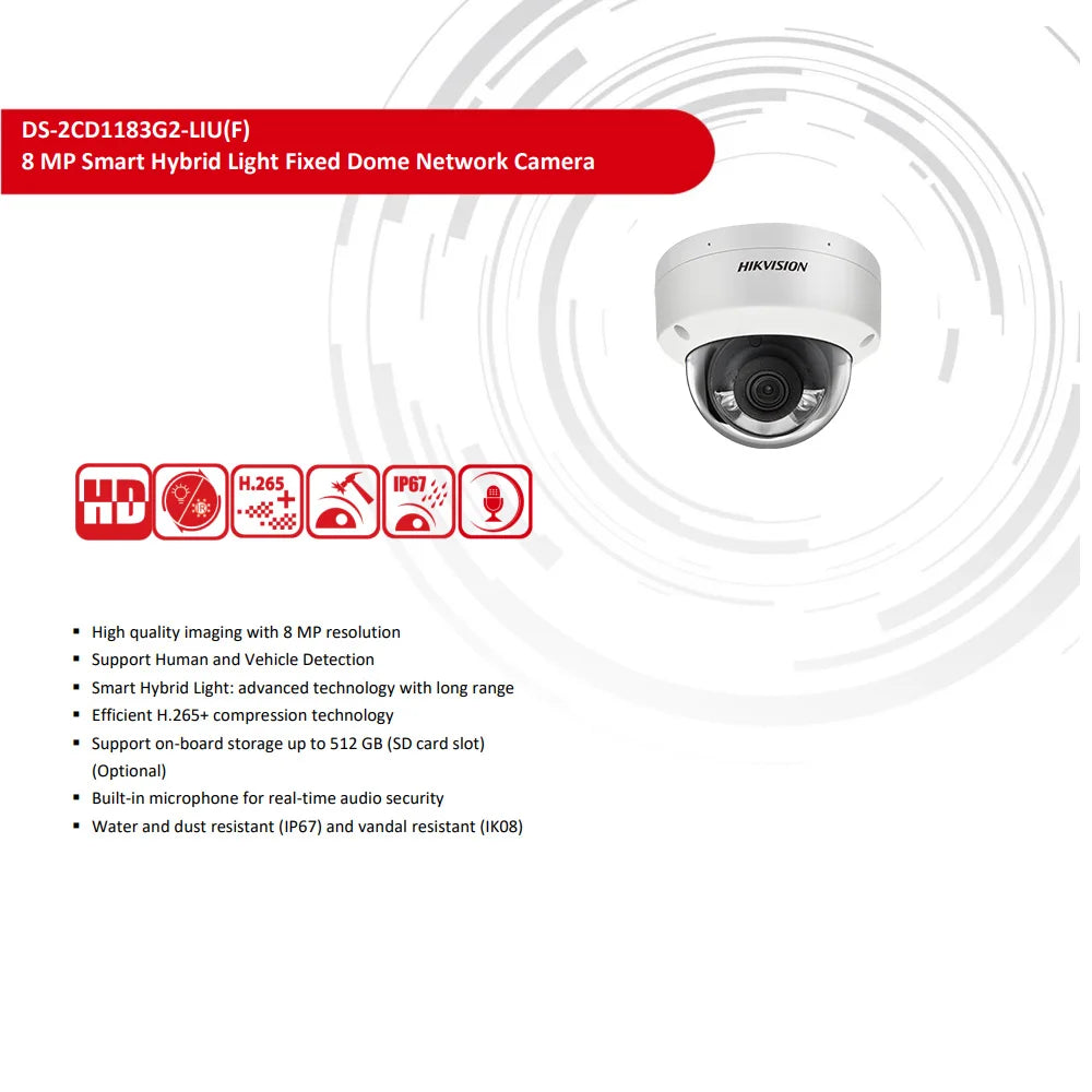 Hikvision 8MP IP Camera DS-2CD1183G2-LIUF 4K Smart Hybrid Light IR White Light Built-in Mic Dome Network Camera SD Card Slot