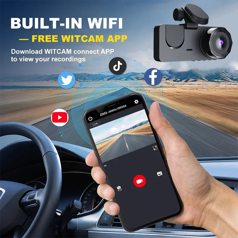 Triple Lens WiFi Dashcam 2/3 Channel Car Camera 1080P HD Video Recorder, Night Vision Car DVR with Wide Angle for Front and Rea