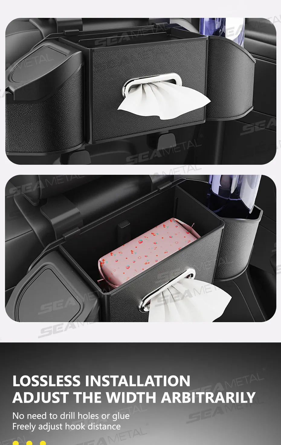 SEAMETAL Car Back Seat Organizer Multifunctional Car Storage Box Universal Cup Holder/Trash Bin/Tissue Holder/Phone Mount/Hooks
