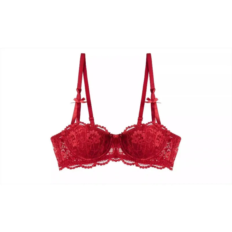 French Girl Lingerie Red Thin Hollowed Half Cup Bra Set Sexy Tushy Xmas Gift Her Desire Temptation Lace Hip Out Holiday Season