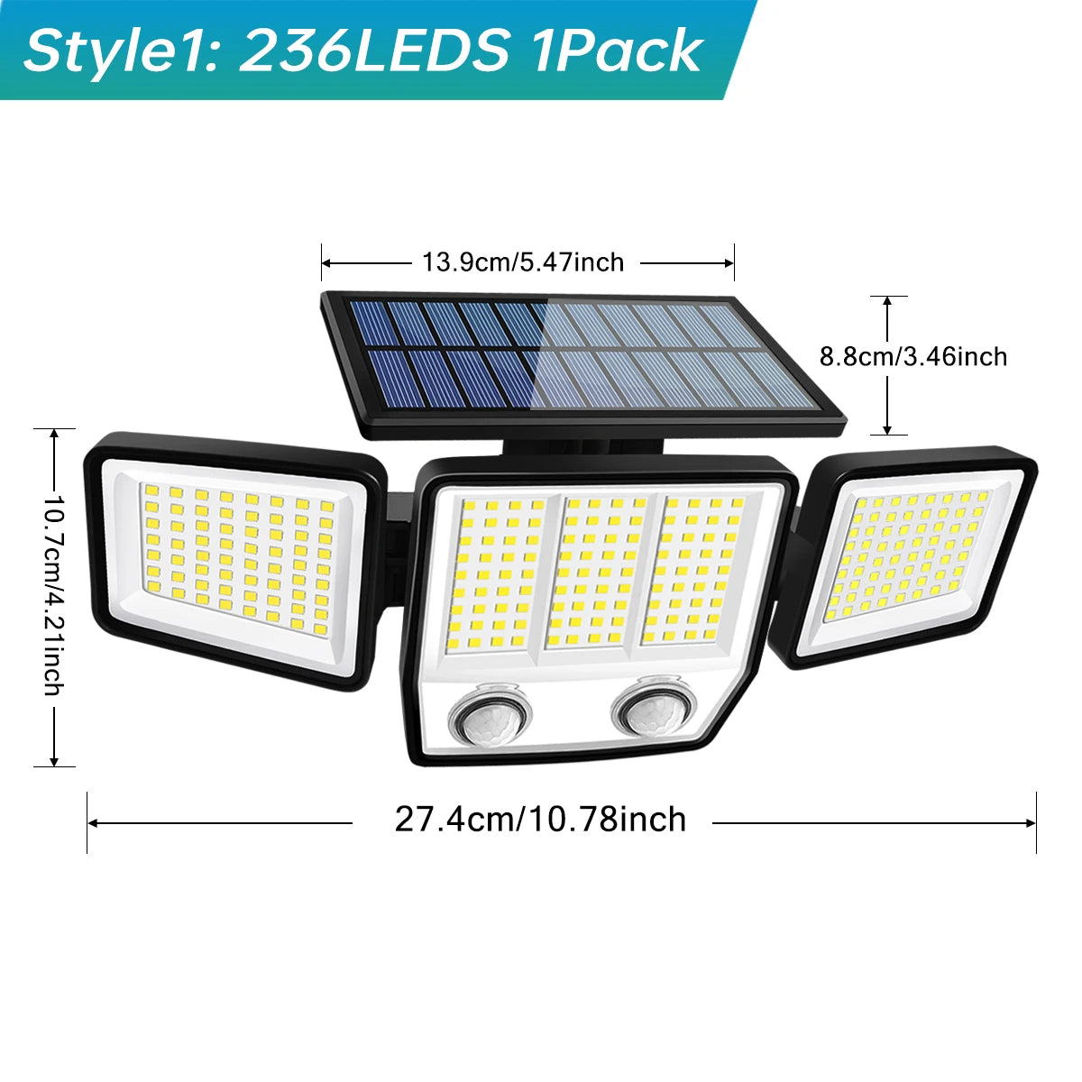 Solar Lights Outdoor Waterproof Super Bright Cordless Solar Motion Sensor Light 3 Adjustable Heads 270° Wide Angle Illumination