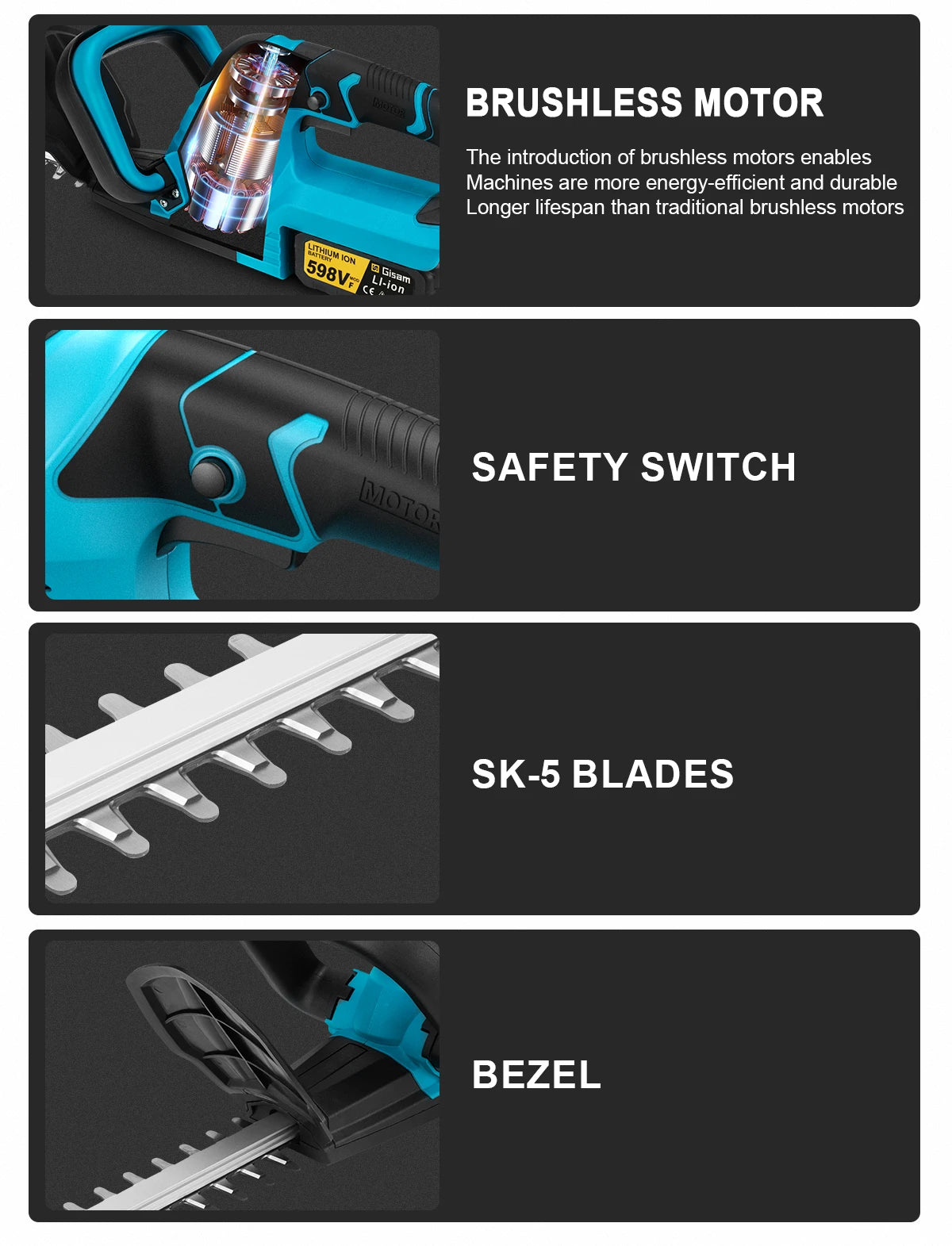 Gisam Brushless Electric Hedge Trimmer 20000RPM Cordless 510mm