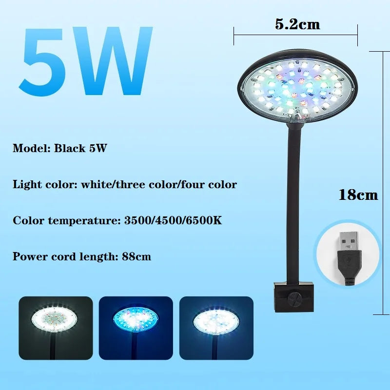 USB Clip-On Aquarium LED Light, 5W or 7W, Black or White