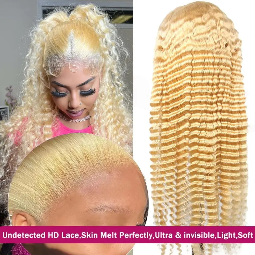 613 Hlboká vlna blond čipkovaná parochňa s prednou časťou, dlhá, hustota 200%